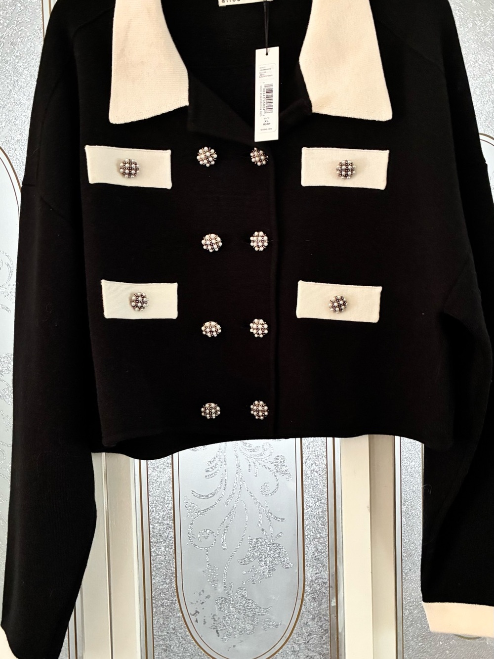 Alice + Olivia Black Cropped Double-Breasted Jacket with Cream Trim